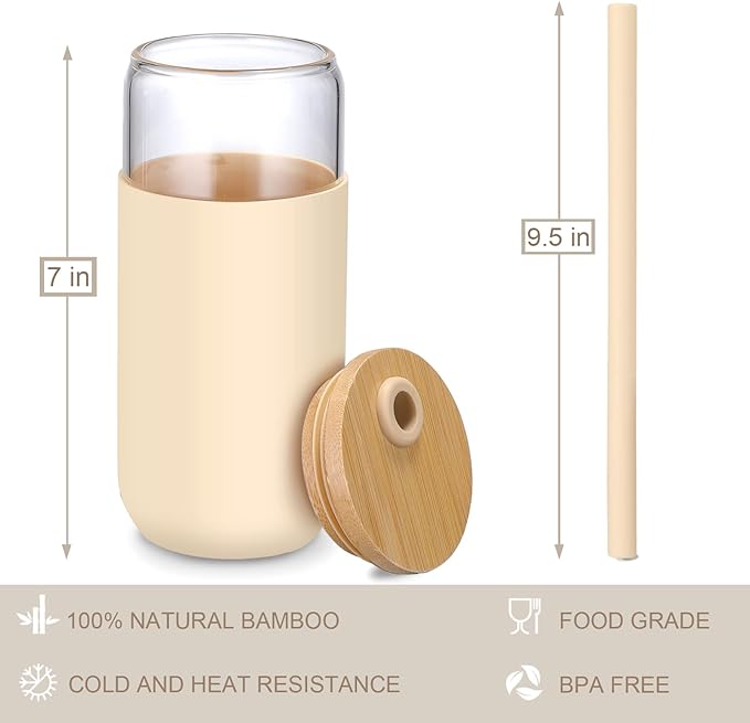 Glass Water Tumbler with Silicone Protective Sleeve Bamboo Starw & Lid