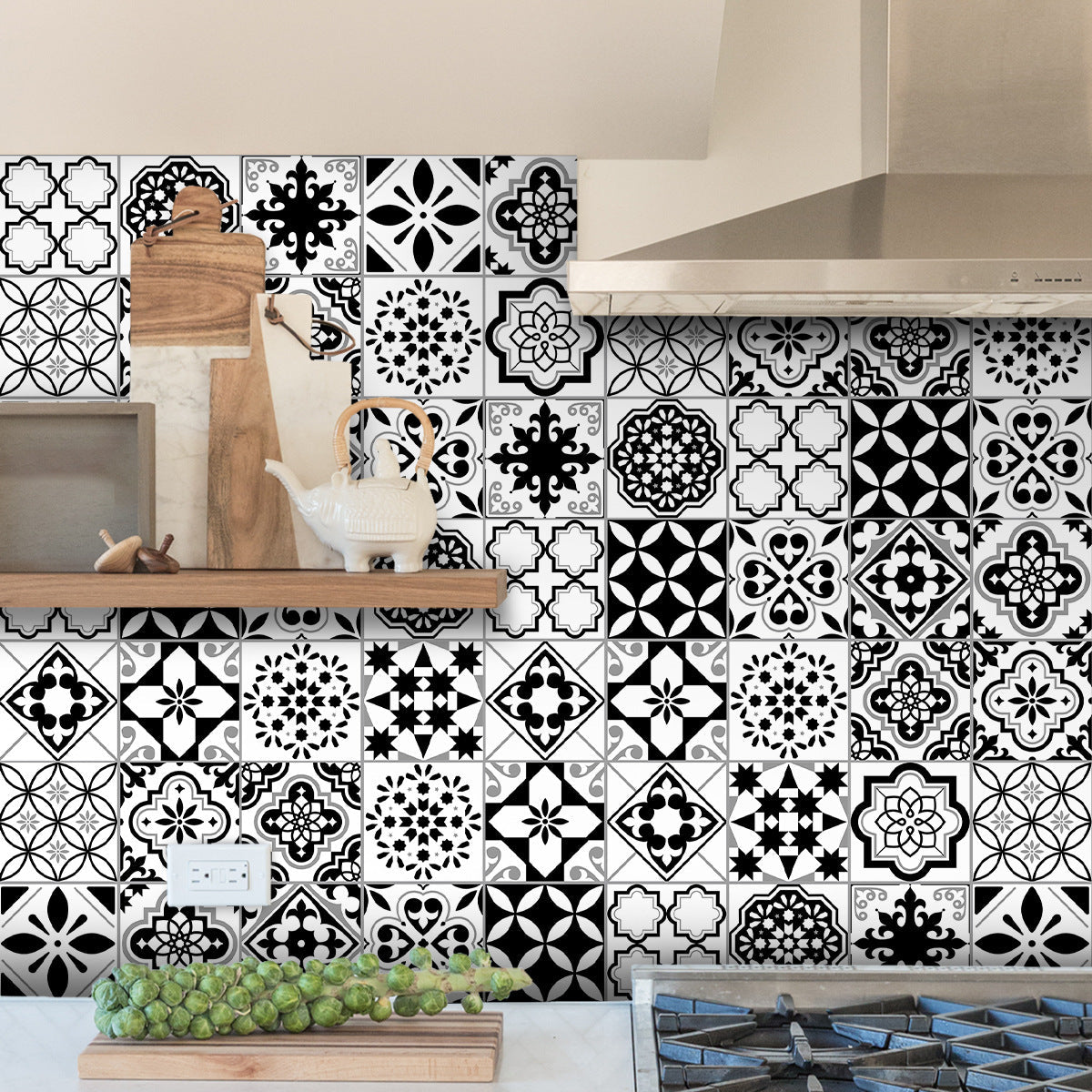 24pcs Black & White Tile Stickers – Waterproof Peel & Stick Home Decor