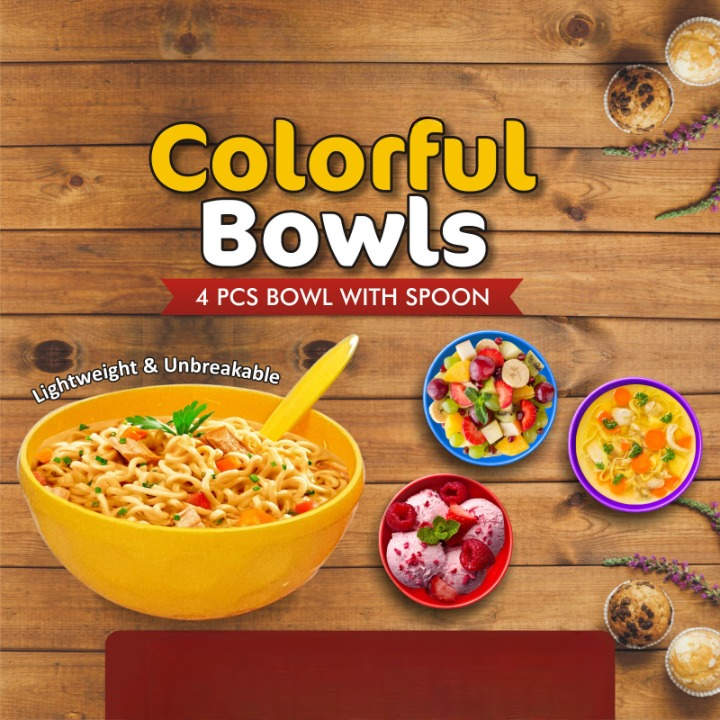 Pack of 4 - Colorful Soup Bowls With Spoons