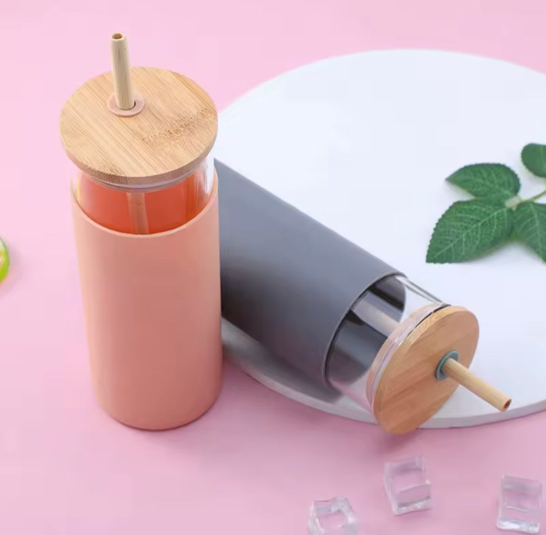 Glass Water Tumbler with Silicone Protective Sleeve Bamboo Starw & Lid