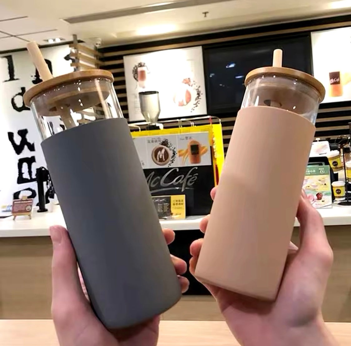 Glass Water Tumbler with Silicone Protective Sleeve Bamboo Starw & Lid