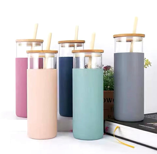 Glass Water Tumbler with Silicone Protective Sleeve  Bamboo Starw & Lid