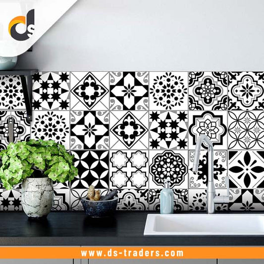 24pcs Black & White Tile Stickers – Waterproof Peel & Stick Home Decor